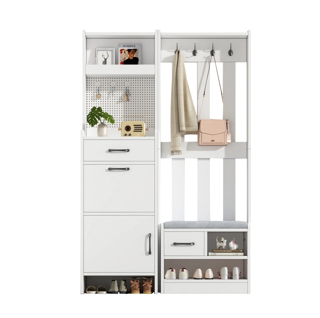 Garderoba da ingresso 7 in 1 110x35x175;5 cm con scarpiera; 2 cassetti e 4 ganci; bianco