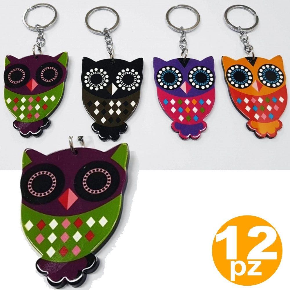 Trade Shop - Set 12 Bomboniera Gufo Gufi Colorati Civetta Portafortuna Compleanno Portachiavi -
