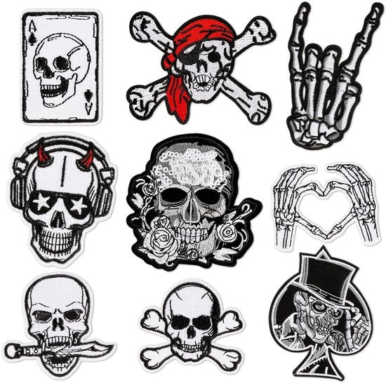 Decorazioni a Maglia 9 Pezzi - Adesivi Decorativi per Strisce - Testa di Morto Gotica - Rock and Roll - Tessuto - Per Abbigliamento/Bagagli