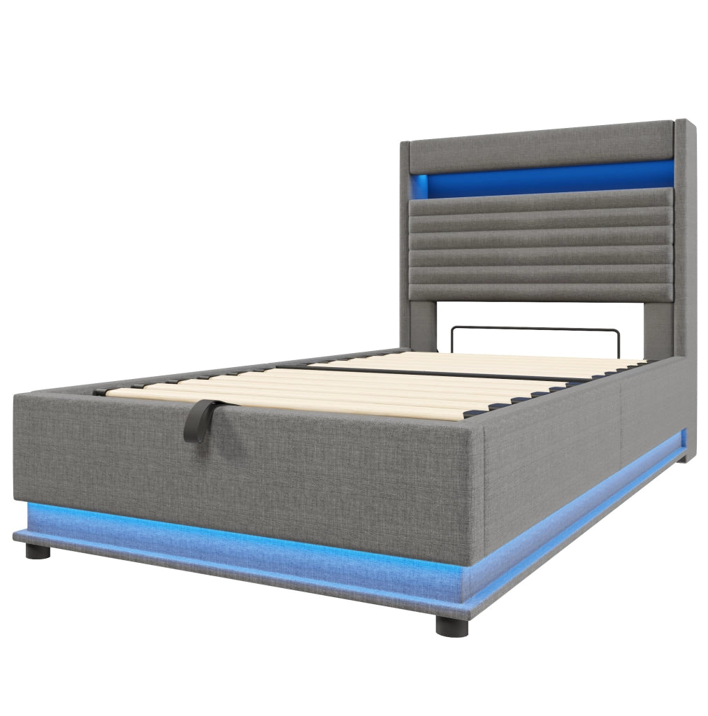Letto imbottito 90x200 cm con contenitore; LED e ricarica USB Type-C in lino grigio