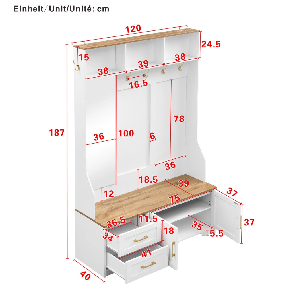 Mobile ingresso multifunzionale con LED; specchio; ganci e cassetti; 120x40x187 cm; MDF bianco e legno