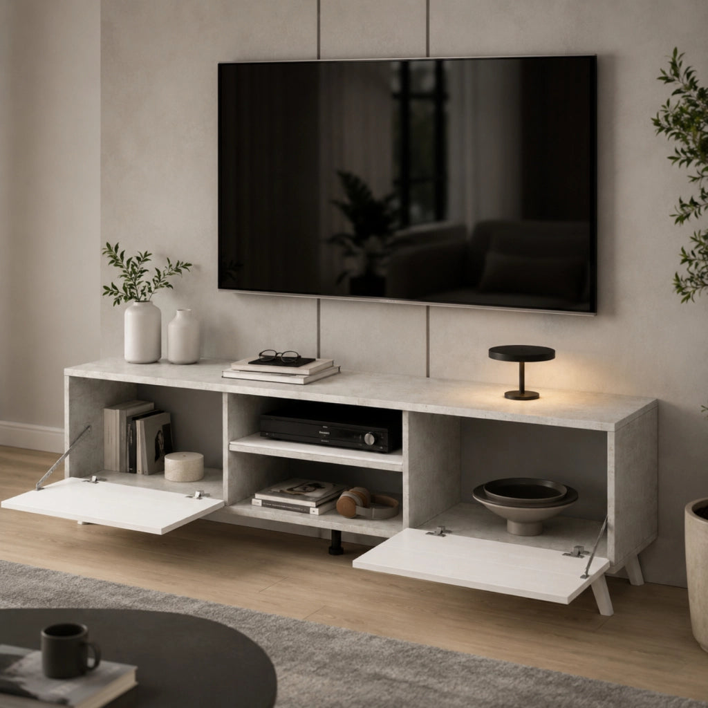 Mobile TV Per Soggiorno Con 2 Ante Battenti Ripiani Centrali Aperti Gambe Stile Scandinavo Per Televisori Fino A 75 Pollici 180 X 39,6 X 49 Cm Grigio Cemento E Bianco