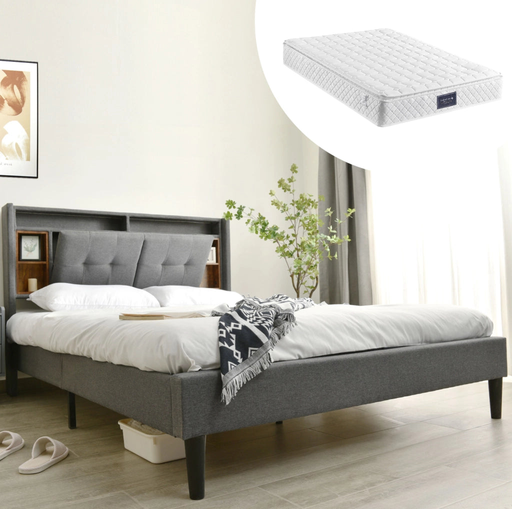 Letto imbottito con testiera contenitore; USB; prese e LED; 140x200 cm; grigio
