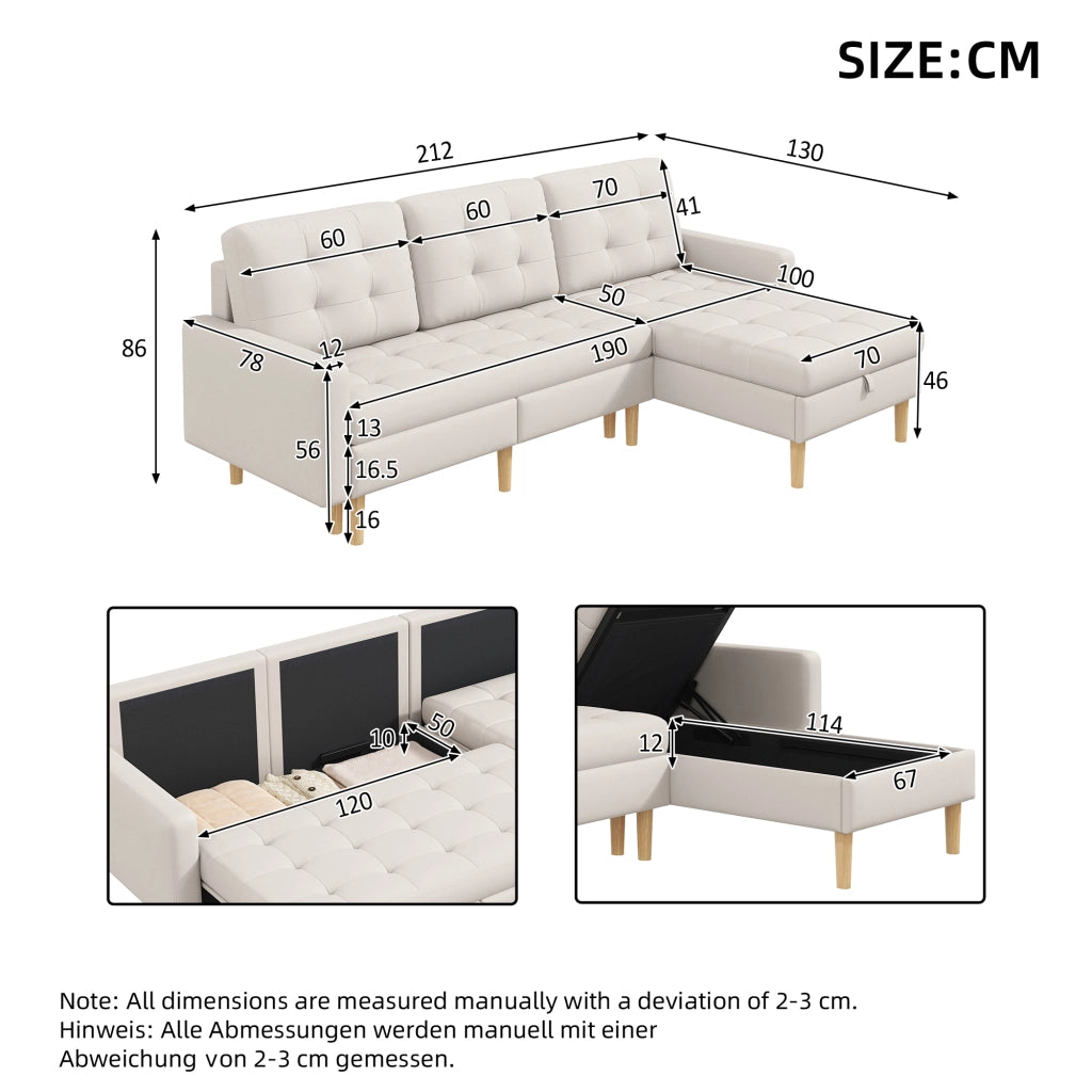 Divano angolare con chaise longue reversibile e doppio spazio contenitore per soggiorno moderno in tessuto beige