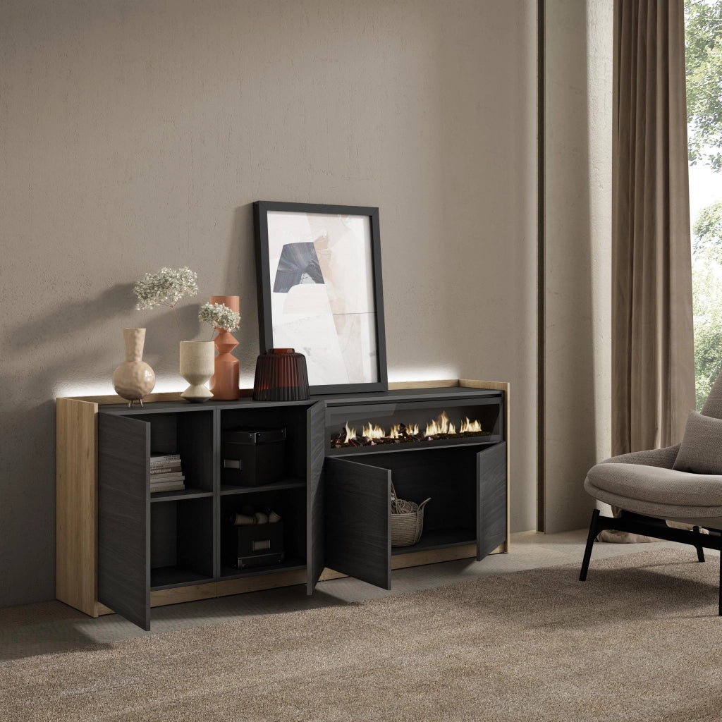 Credenza, Mobile, Cucina, 207x80x37 cm, 4 Porte, Camino elettrico, LED, Nero e rovere
