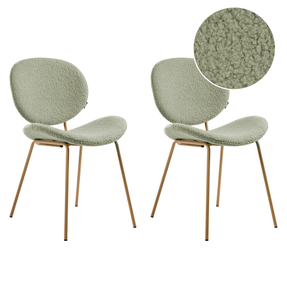 Set di 2 sedie Boucle con gambe effetto legno senza braccioli e tappi per gambe design retrò sedute da sala da pranzo verde chiaro