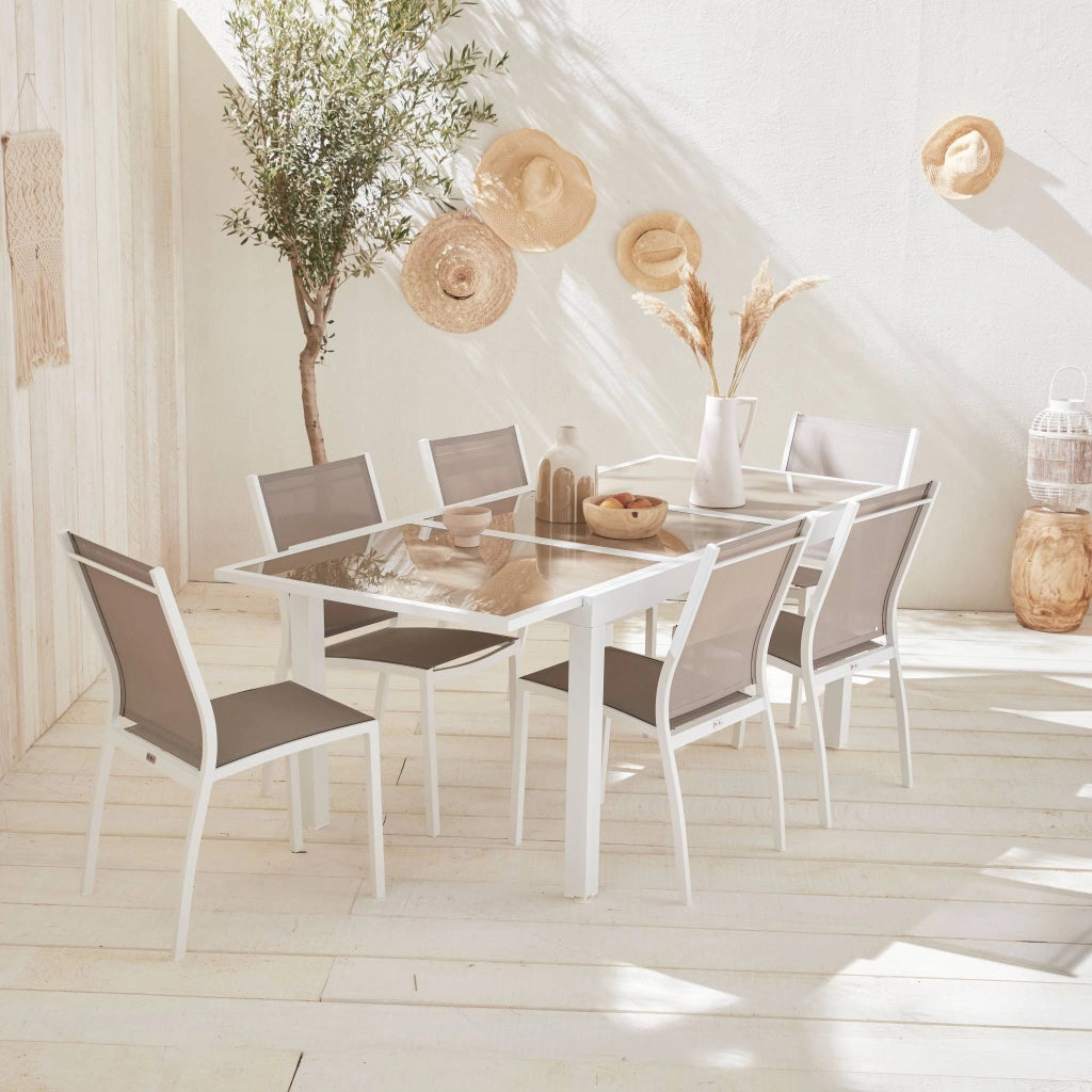 Set tavolo da giardino allungabile in alluminio con 6 sedie, bianco