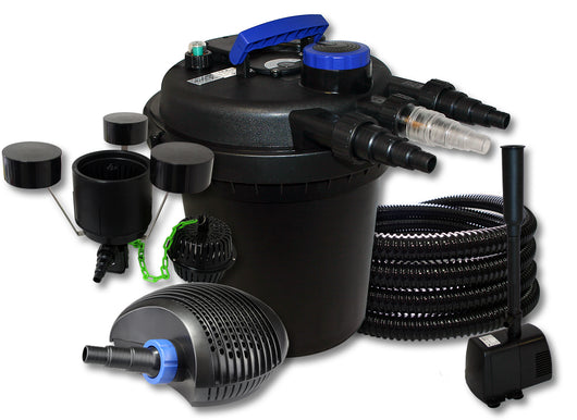 Set Filtro a pressione per laghetto 6000l con UVC 11W Pompa ECO 20W Tubo 25m Skimmer Fontana