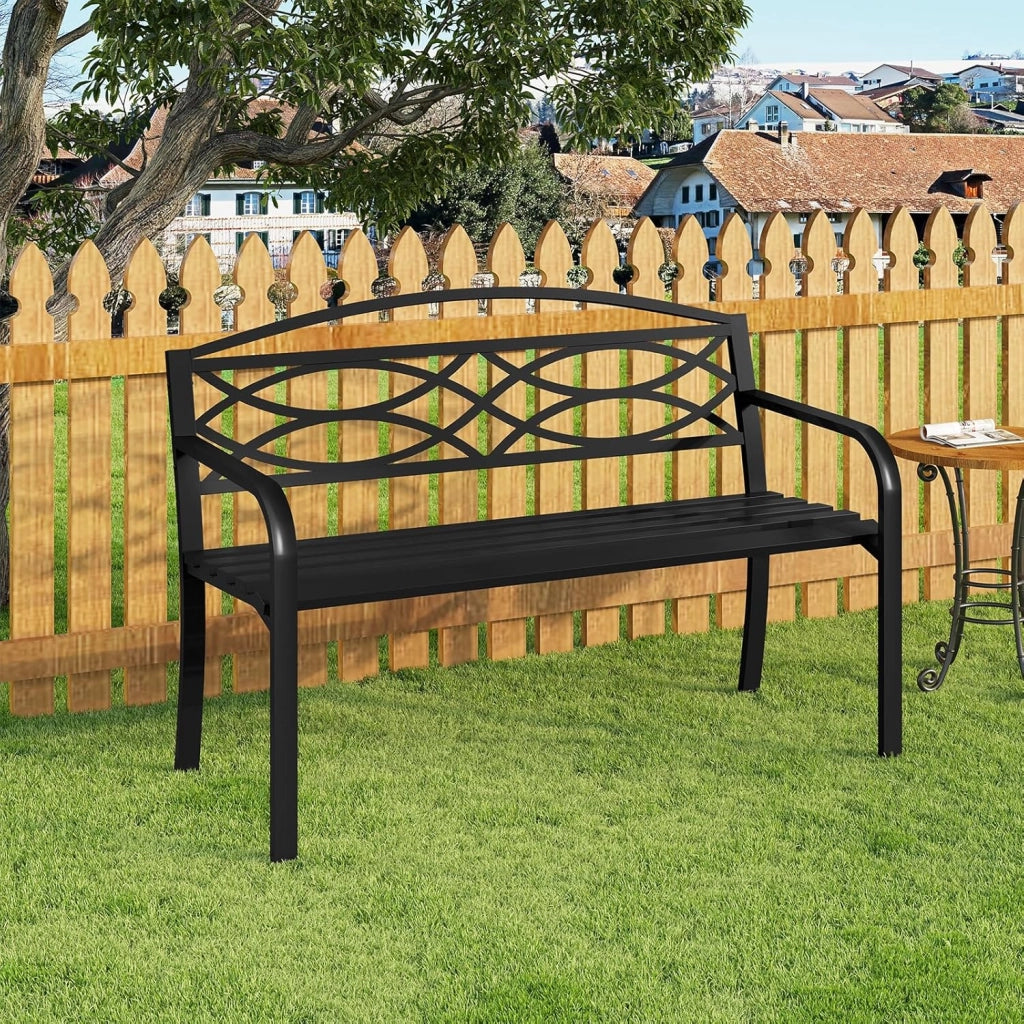 Panchina da Giardino in Metallo, Panchina da Esterno per 2 o 3 Persone, con Schienale e Braccioli, Panca per Patio Parco Terrazzo, 127x59,5x83cm, Nero