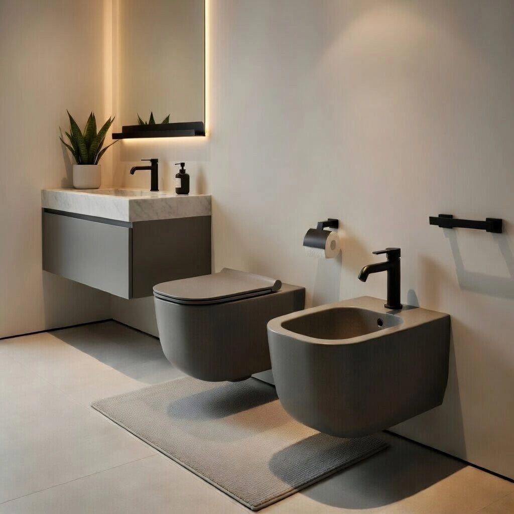 Sanitari sospesi WC e Bidet in Ceramica Copriwater soft-close Ceramiche Dolomite serie ALBA - Grigio Cemento