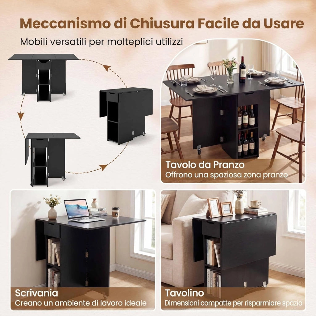 Tavolo da Pranzo Pieghevole, Tavolo Salvaspazio per 4-6 Persone con 2 Ripiani, Cassetto e Ruote a Freno, Tavolino Cucina per Cucina, Soggiorno e Ufficio, 120 x 72 x 75 cm (Nero)