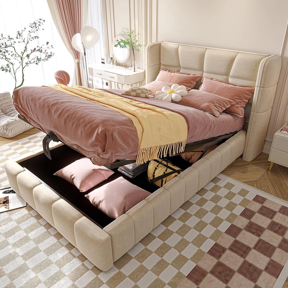 Letto imbottito per bambini - Xylo - 90x200 cm - Beige - Testiera e sistema di archiviazione pneumatico