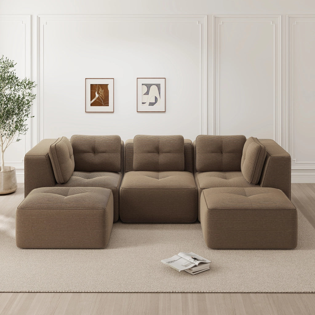 Divano angolare modulare senza struttura con seduta profonda e comfort avvolgente in velluto a coste marrone