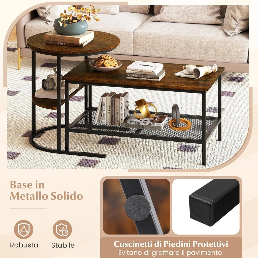 Set di Tavolini da Caffè Componibili, 2 in 1 Set di Tavoli Rimovibili con Piano in Marmo Sintetico, Tavolino Rotondo e Tavolino Rettangolare per Salotto e Camera da Letto (Nero) (Marrone)
