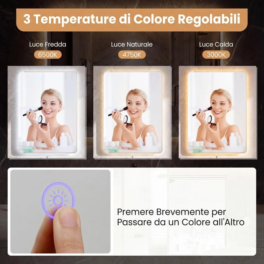 Specchio da Bagno LED 70 x 50 Cm, Vetro Temperato Anti-Esplosione, Specchio da Parete Retroilluminato Dimmerabile con Luci a 3 Colori e Antiappannamento, per Lavabo (70 x 50 x 3 cm)