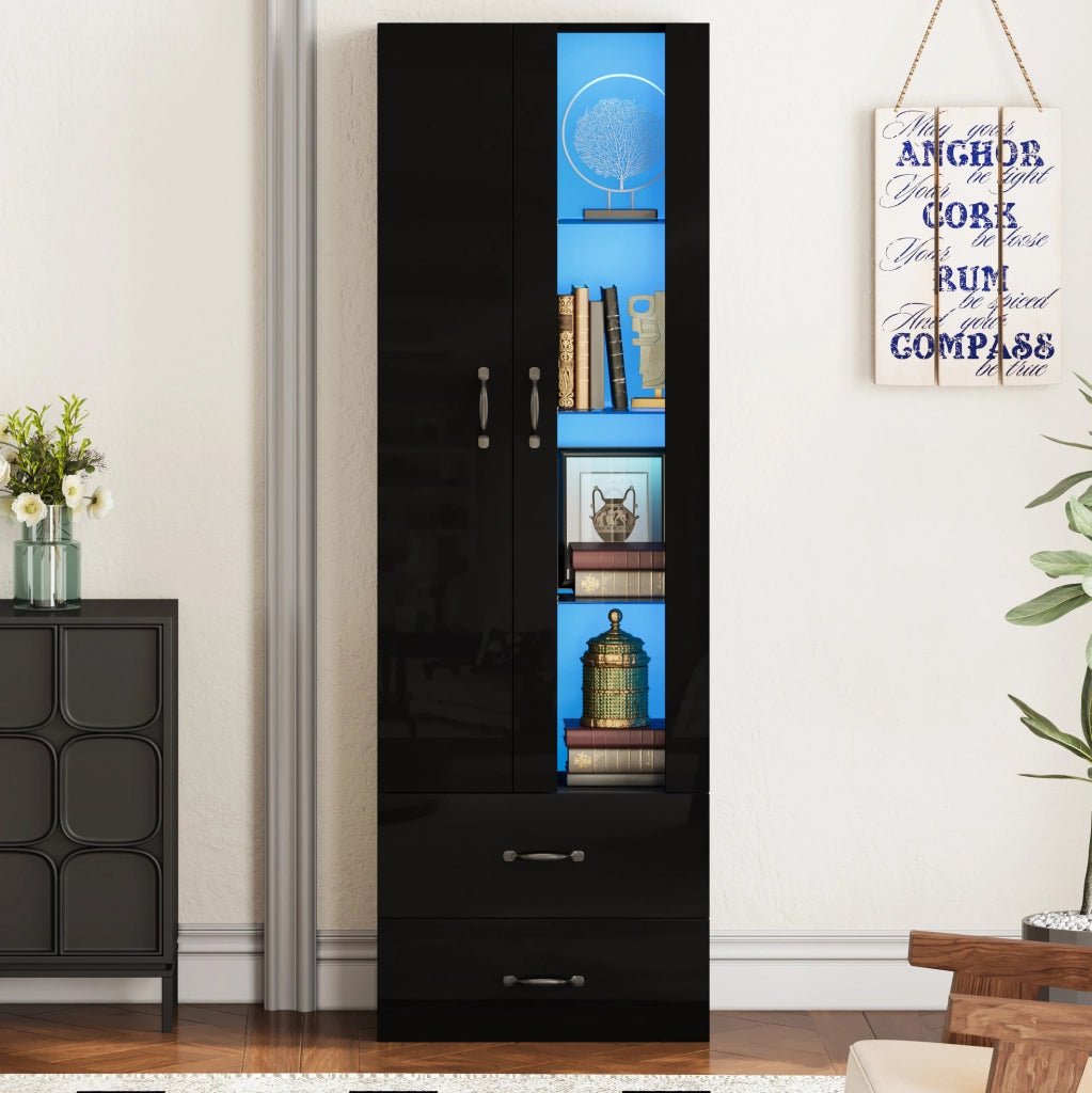 Vetrina moderna con LED e 2 cassetti; 2 ante; 60 x 35 x 182;5 cm; nero