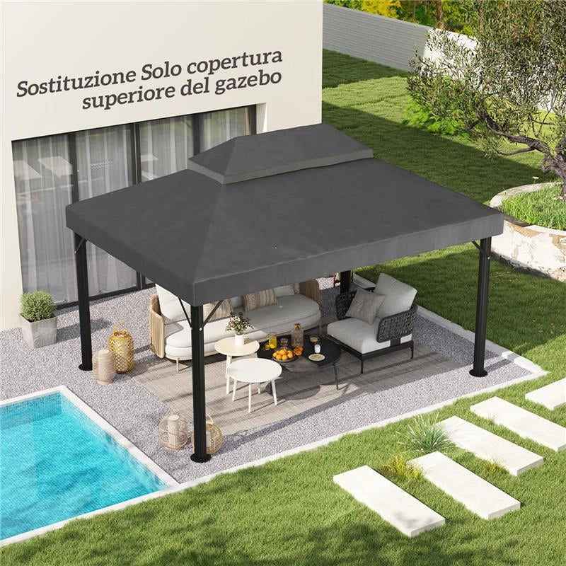 COPERTURA PER GAZEBO DA GIARDINO 3X4 M A 2 LIVELLI IN TESSUTO OXFORD 600D CON FORI DI DRENAGGIO, GRIGIO SCURO