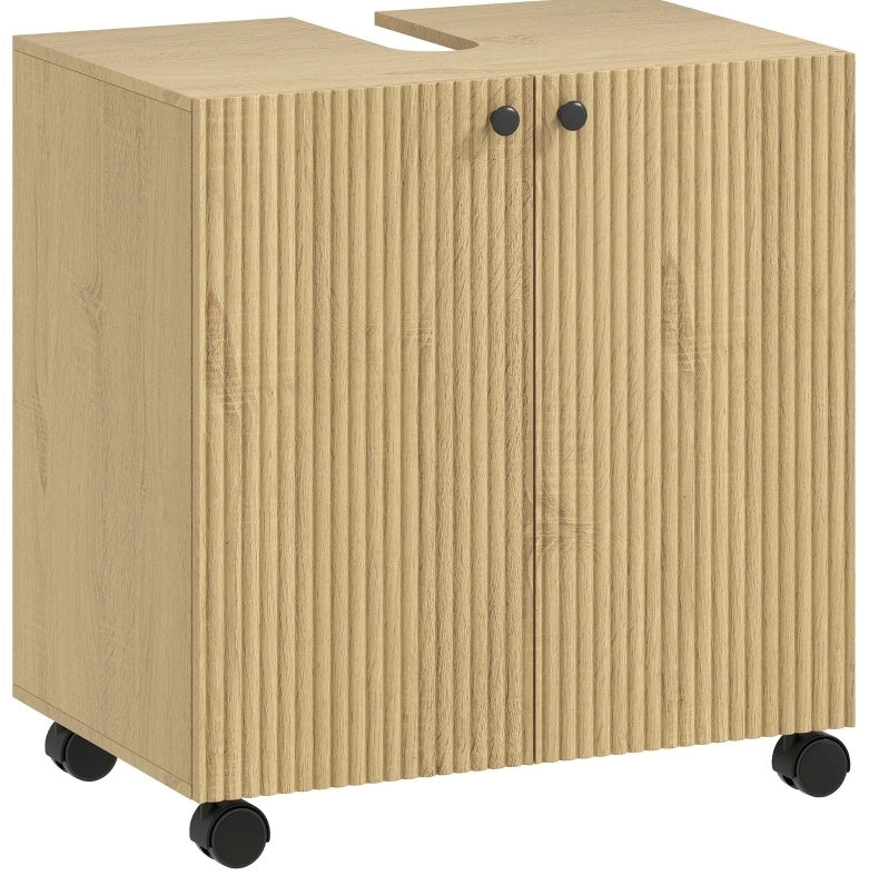 Mobile Mobile lavabo da bagno con ripiani regolabili, base in legno con ruote e chiusura soft-close