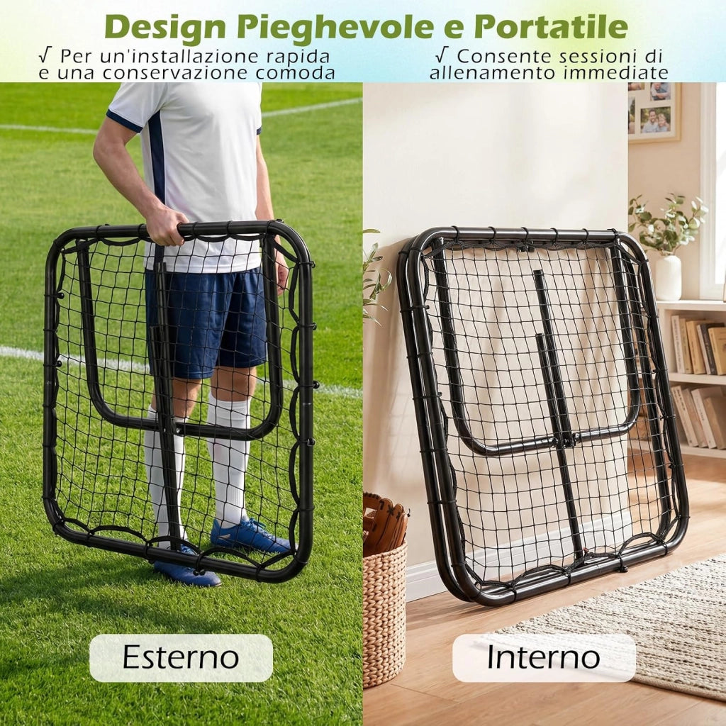 Rete Rimbalzo Calcio, Rete Calcio Rimbalzante Pieghevole da Giardino con 4 Altezze Regolabili, Telaio in Metallo e Picchetti, Porta da Calcio per Bambini, 83,5 x 52 x 77-85 cm