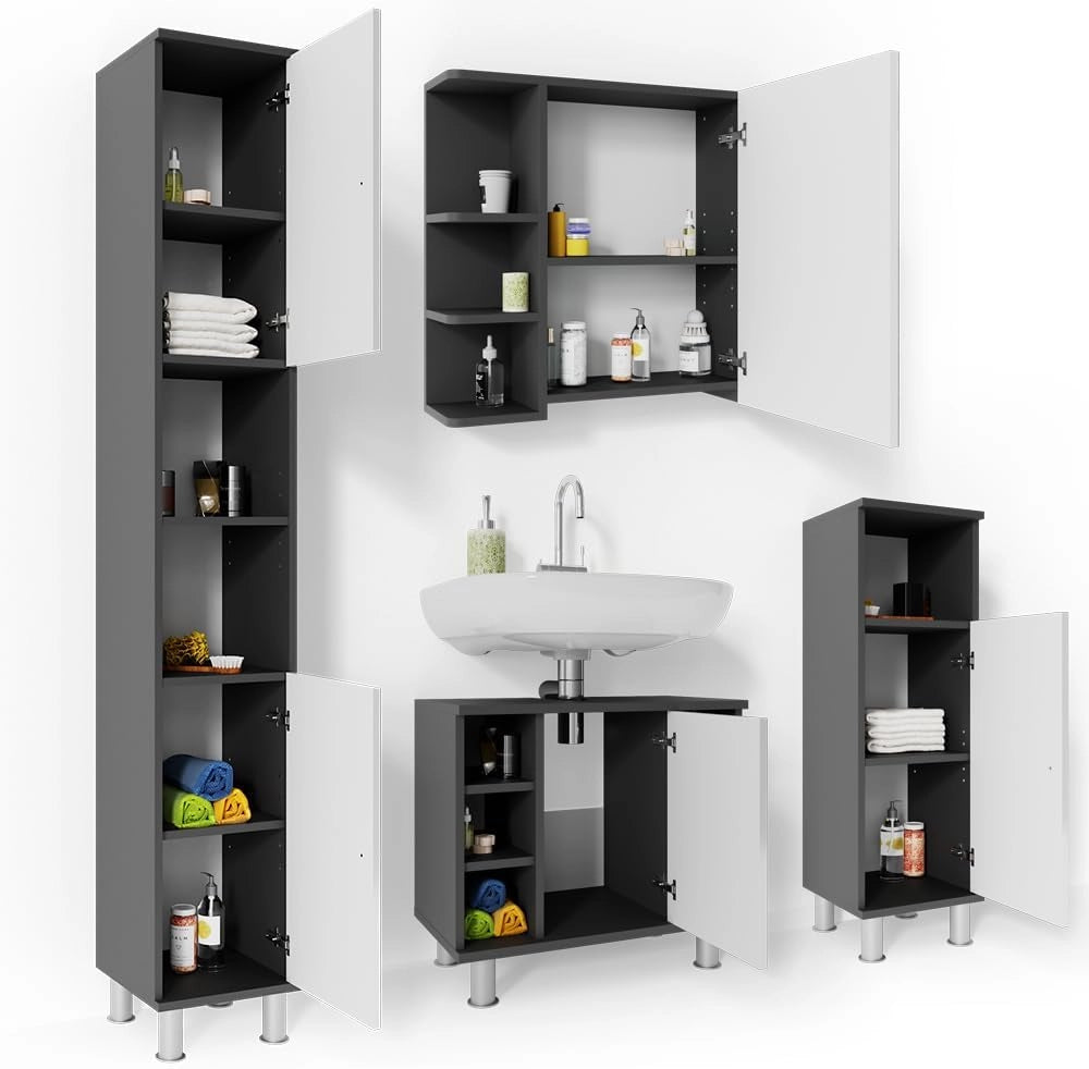 Set mobili bagno Fynn, Antracite, 60 cm, composto da mobile lavabo, pensile a specchio, colonna e base media