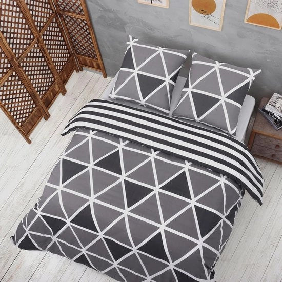 Duvetino a Due Posti 140x200 cm Grigio a Strisce con Tela di Lino e Cerniera a Bottone