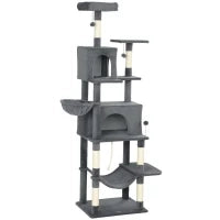 Albero Tiragraffi per Gatti Alto 202 cm con 6 Pali in Sisal, 2 Casette, 2 Amache e Lettino, Grigio