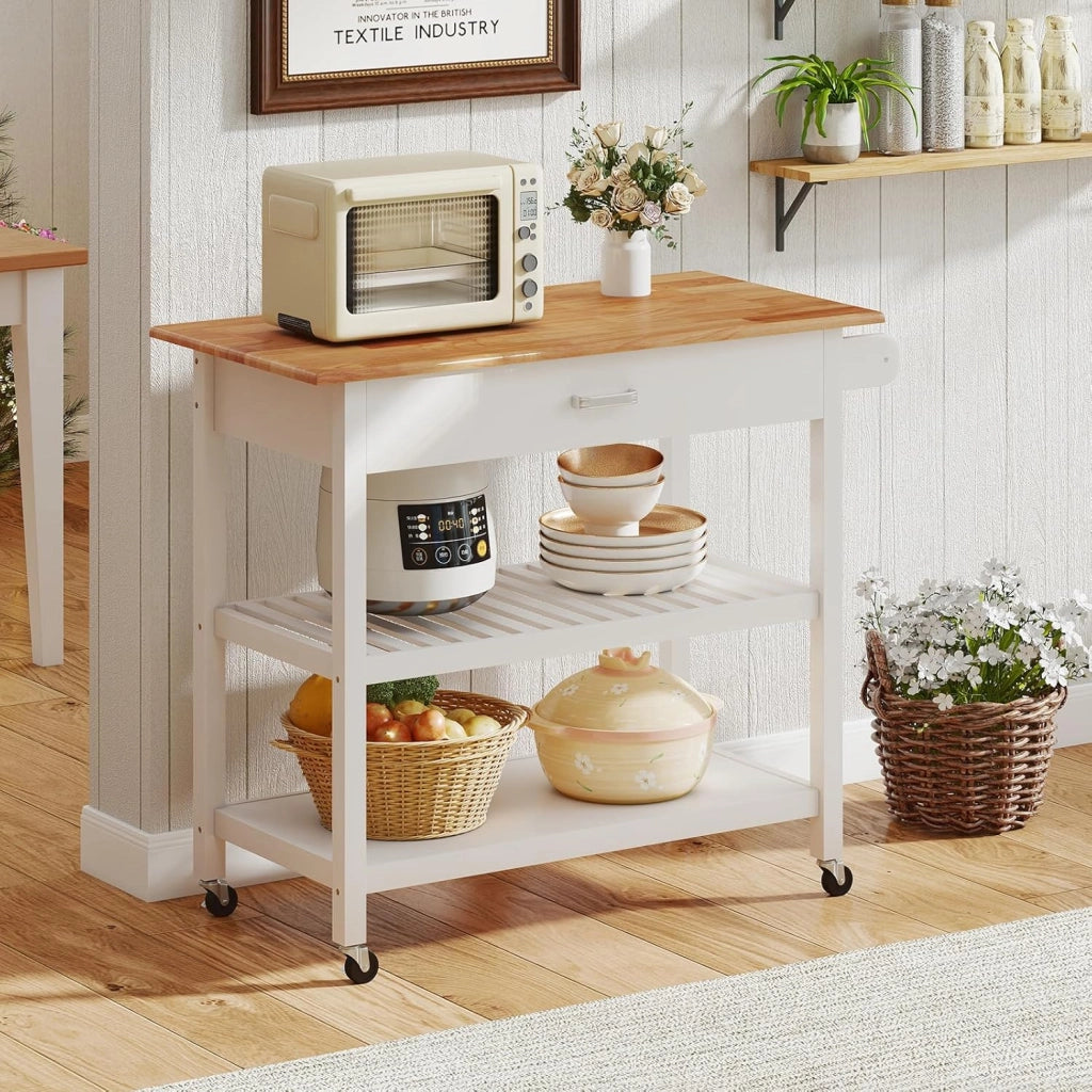 Carrello da Cucina Salvaspazio con Ruote, Mobiletto Cucina con Piano in Legno, Cassetto, 2 Ripiani Aperti, Carrello da Portata per Sala da Pranzo, 106 x 50 x 89 cm (Bianco)