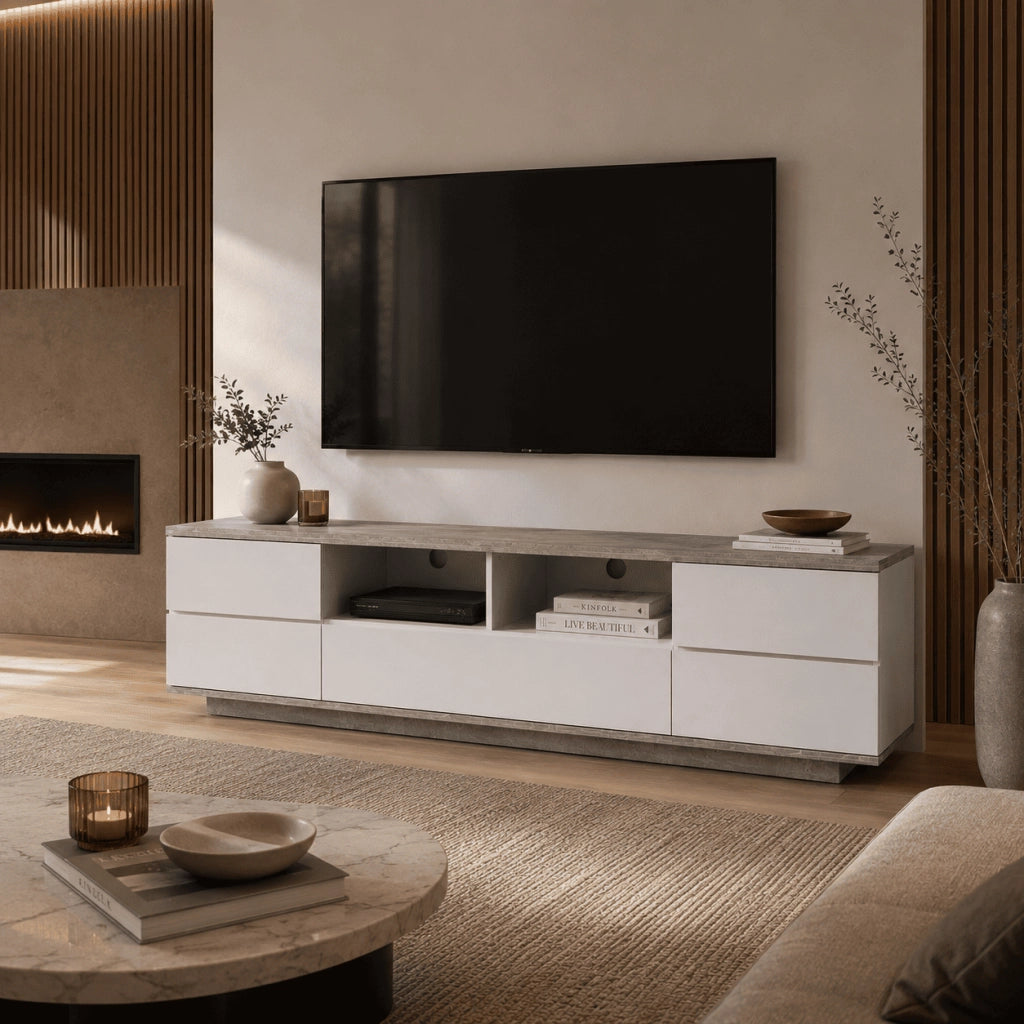 Mobile TV Moderno In MDF Con 4 Ante Anta A Ribalta 2 Vani A Giorno Passacavi Mobile Porta Televisore Per Soggiorno Living Salotto Design Funzionale E Contemporaneo 180 x 38 x 46 Cm Bianco E Grigio Cemento