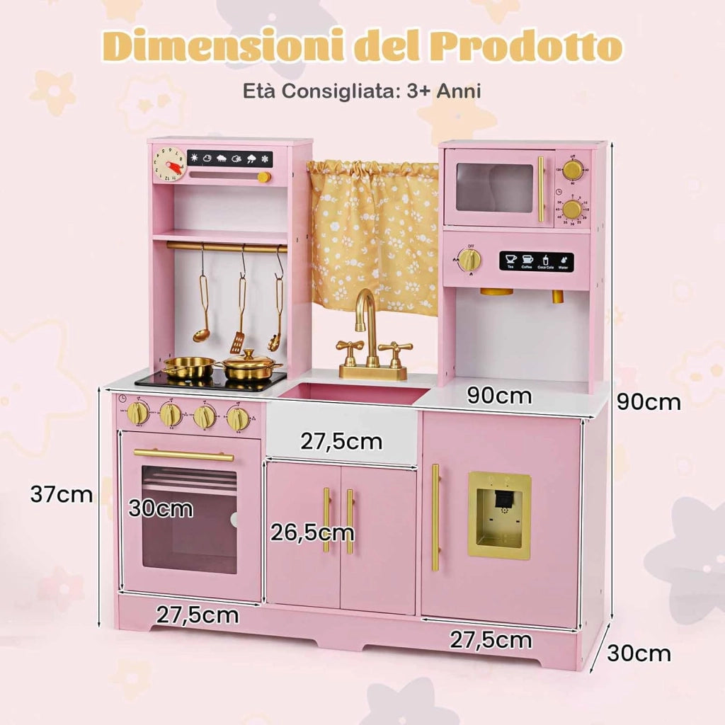 Cucina Giocattolo per Bambini, Cucina per Bambini in Legno con Forno, Microonde, Macchina da Caffè, Macchina del Ghiaccio, Lavello e Rubinetto, con Luci e Suoni per Bambini di 3+ Anni (Rosa)