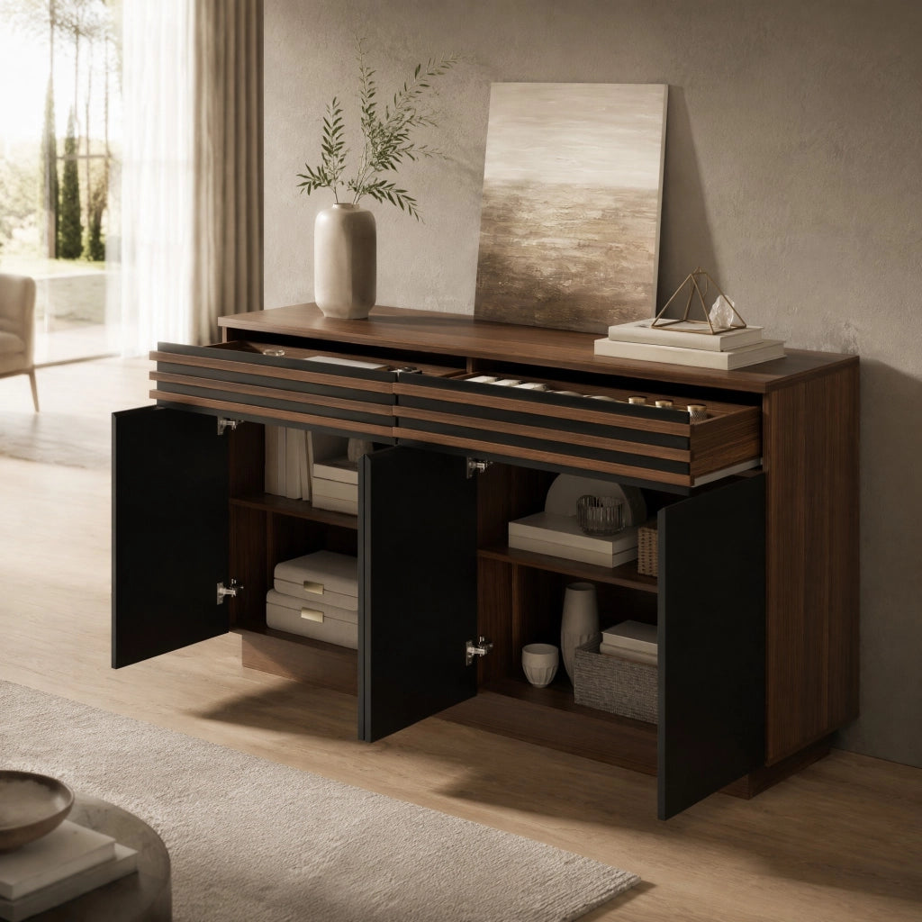 Credenza con 2 cassetti e 4 ante con ripiani regolabili per soggiorno; sala da pranzo e cucina; 150×40×85 cm