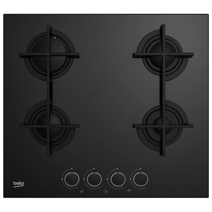 Beko Piano cottura a gas HILG64225SB 60 cm, comandi frontali, griglie in ghisa semi-continue, 4 bruciatori, Cristallo nero
