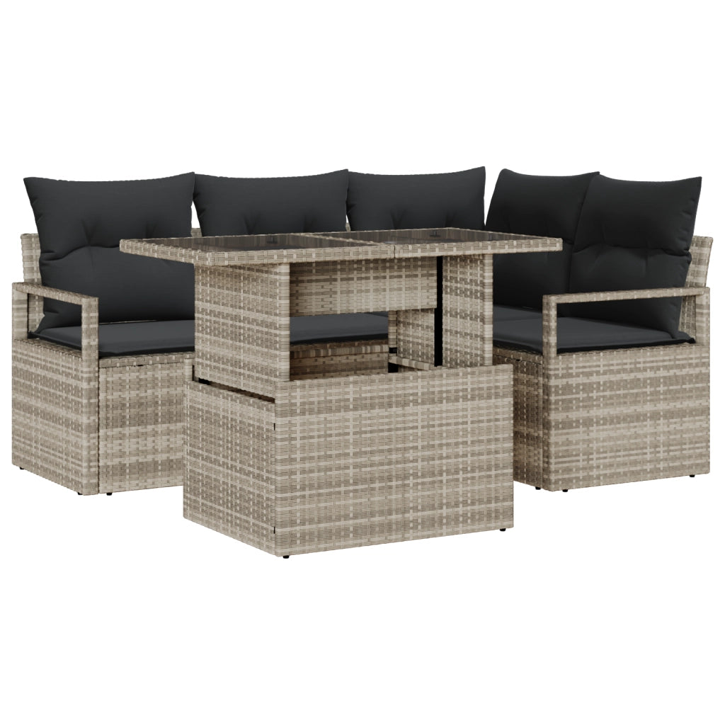 Set divano giardino 5 pezzi con cuscini Rattan poliestere grigio chiaro