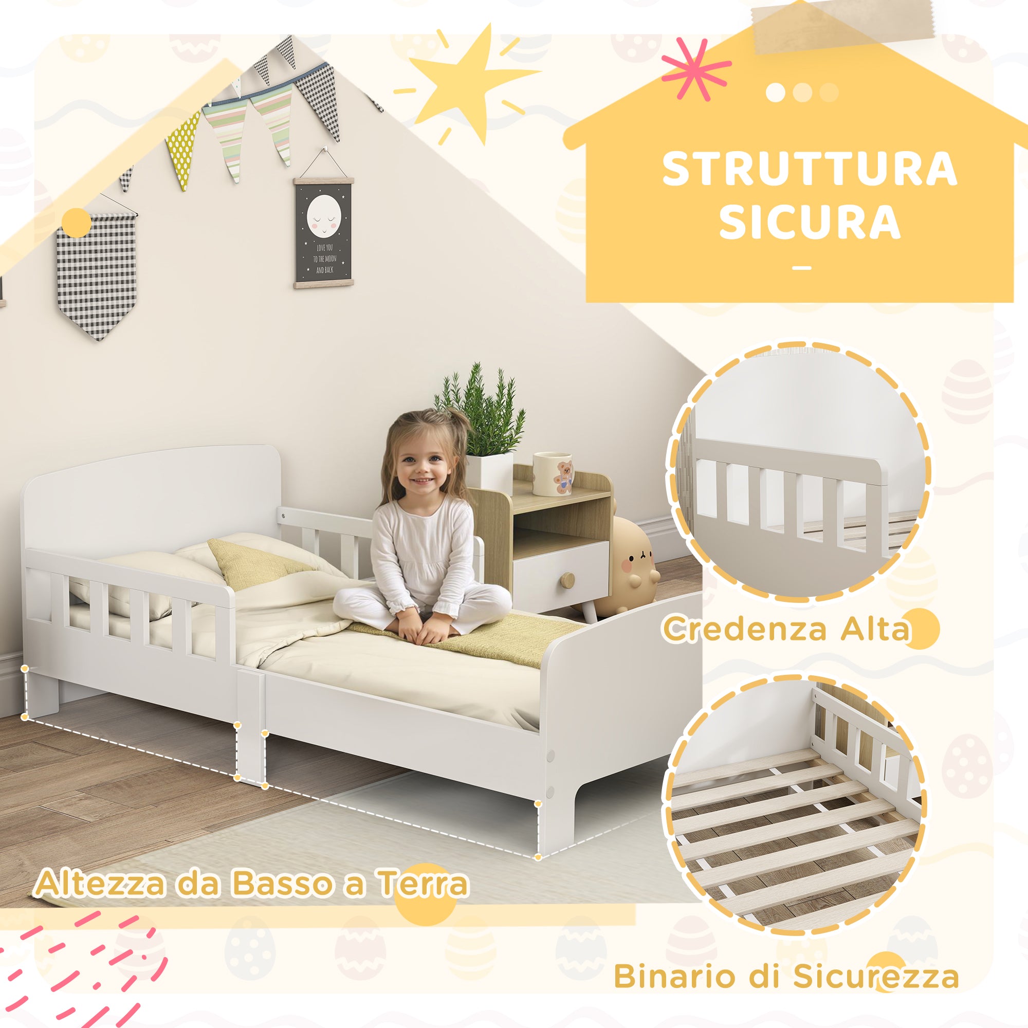 Letto per Bambini 3-8 Anni Basso con Sponde Laterali e Bordi Lisci 143.5x74.2x54 cm in Legno Bianco