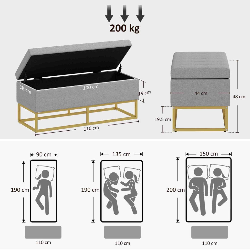 Divanetto 2 posti con contenitore ¨C zephmum ¨C 110x44x48 cm grigio dorato