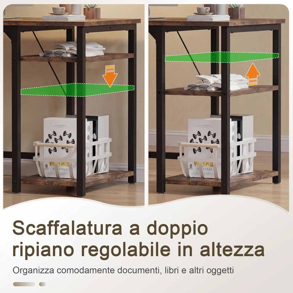 Scrivania Per Computer Industriale 120 x 50 cm, 2 Ripiani Regolabili Sinistra/Destra in Acciaio, Tavolo da Lavoro Mobile per Ufficio Casa Stile Vintage Marrone & Nero