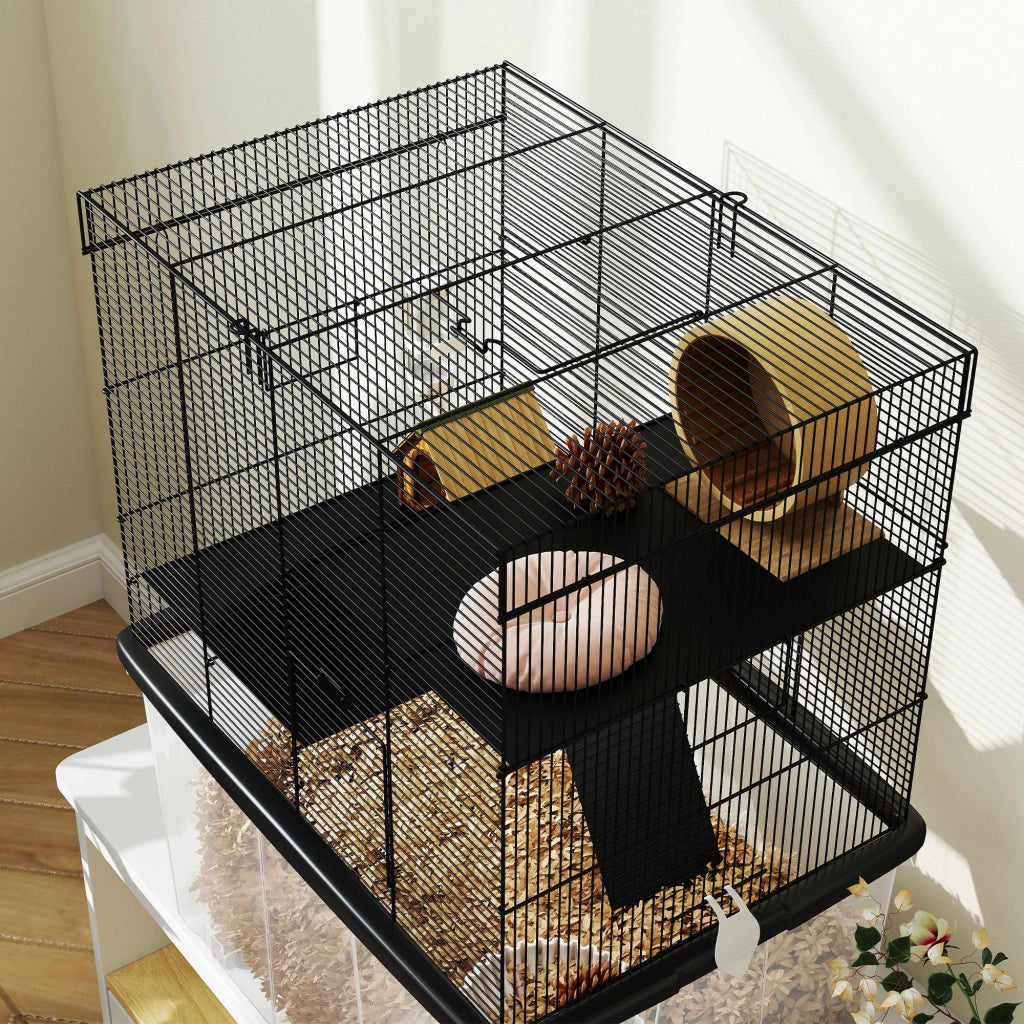 Gabbia per Criceti a 3 Piani 58x43x74 cm con Rampe e Accessori Nero