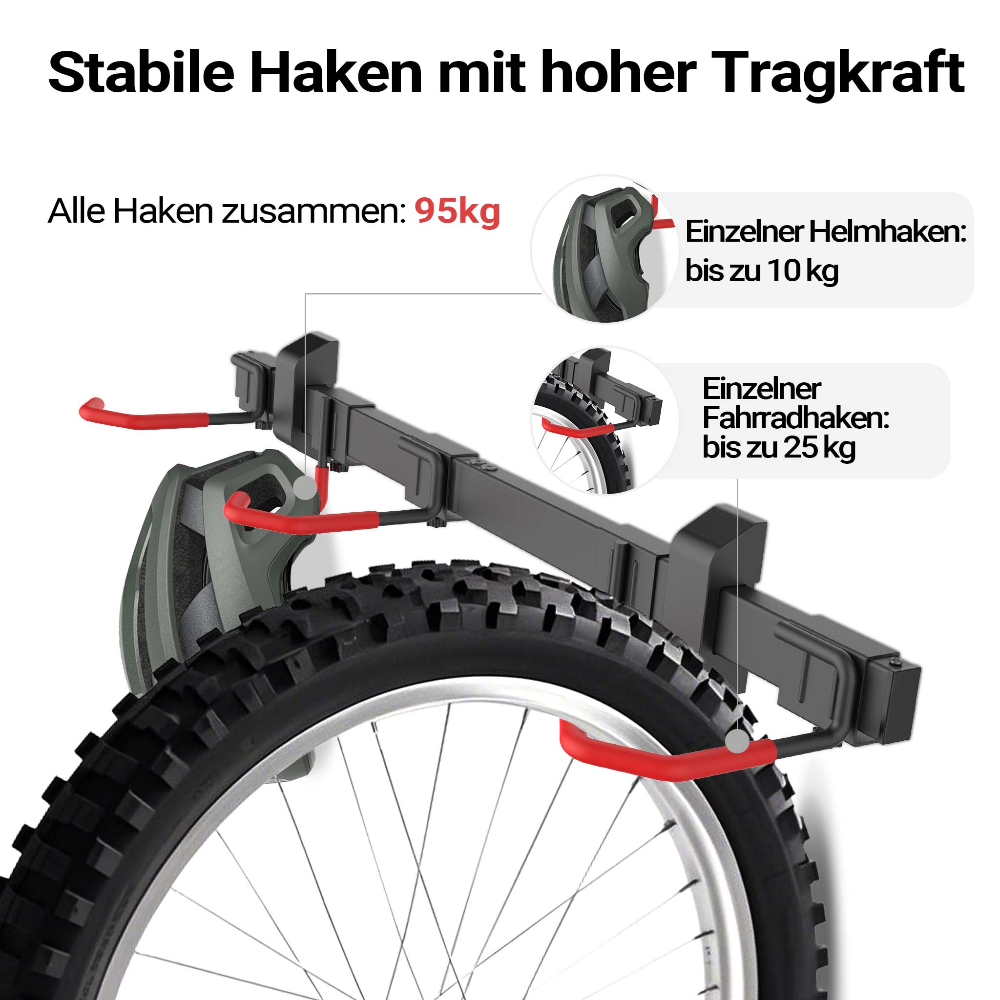 Portabici da muro per 3 biciclette e 2 caschi, 82,4 x 18 x 13,6 cm, max 95 kg, portabici da parete universale, facile installazione, supporto con 3 ganci appendi bici in acciaio