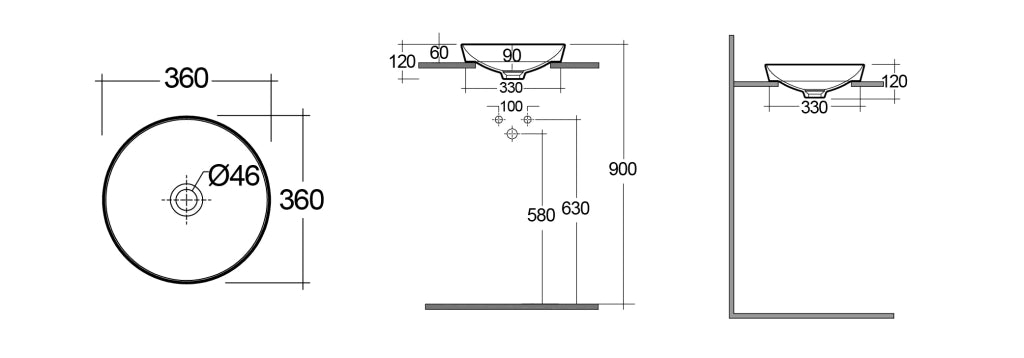 Lavabo ad incasso tondo senza foro variant 36 x 36 cm