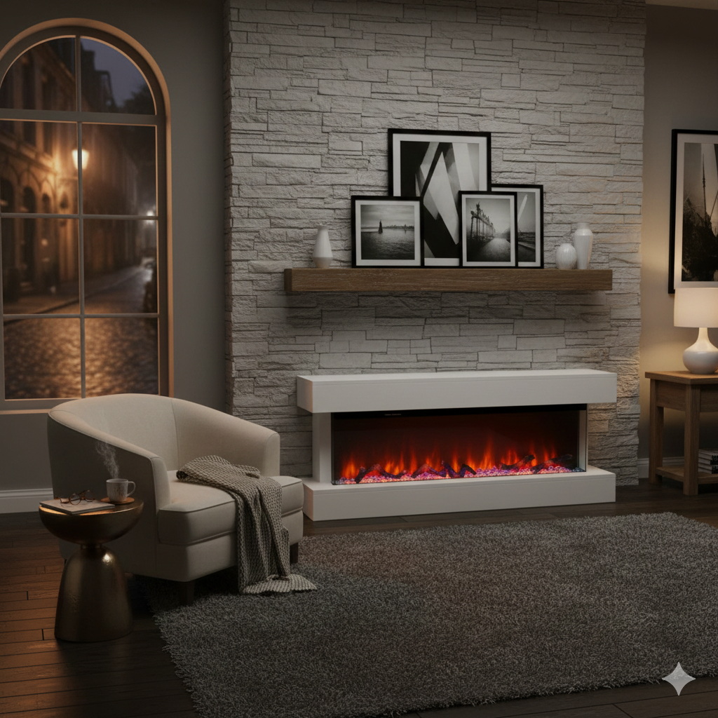 Camino Elettrico da Parete o Incasso Alaro Plus 127x18x52 cm Effetto Fiamma Telecomando in MDF Bianco