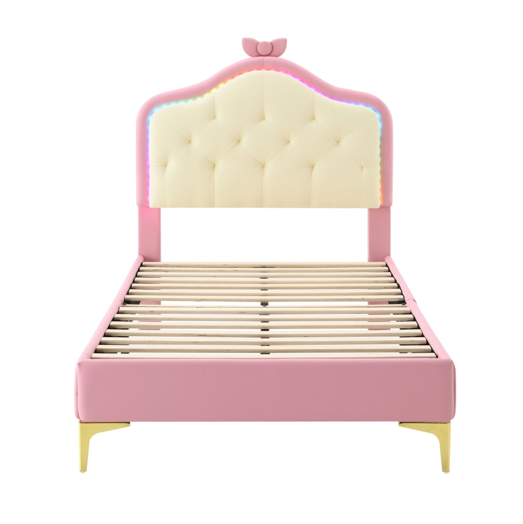 Letto imbottito 90x200 cm con LED e fiocco in PU bianco e rosa