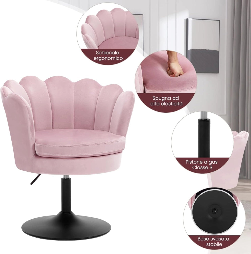 Sedia da Trucco, Sgabello Cucina, Poltrona con Seduta a Forma di Fiore, Girevole a 360°, Sedia in Velluto per Camera da Letto, Soggiorno, Altezza Regolabile 43-55 cm, Rosa