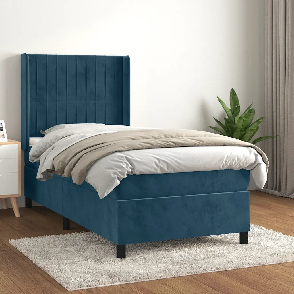 Letto singolo | Letto per adulti | Giroletto a Molle con Materasso Blu Scuro 90x190 cm in Velluto