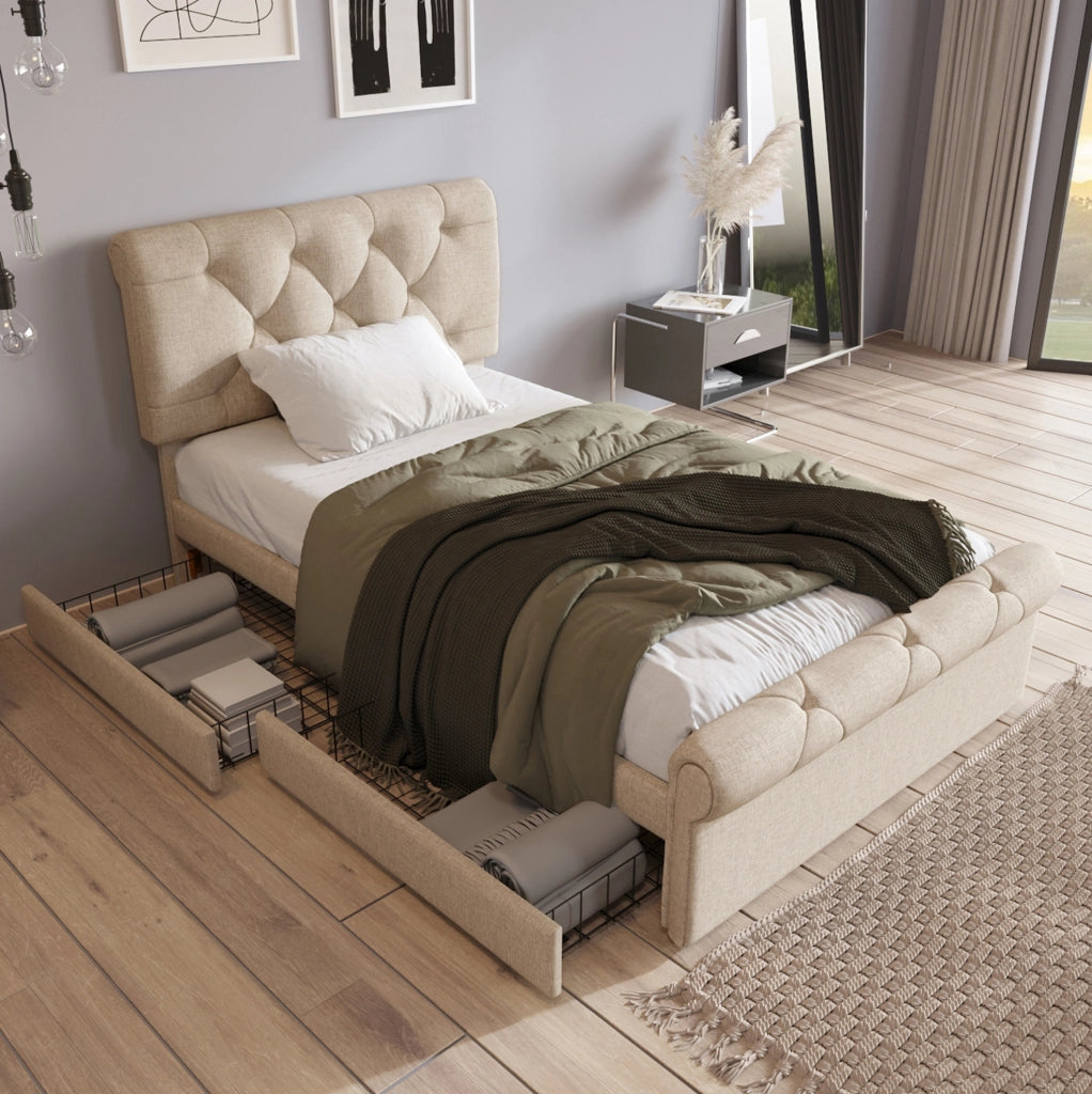 Letto singolo imbottito 90x200 cm con 2 cassetti e materasso