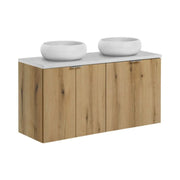 Set VANO in finitura quercia e bianco 120cm: mobili sotto lavabo con armadietti + piano per lavabo + lavabi da appoggio tondi bianchi