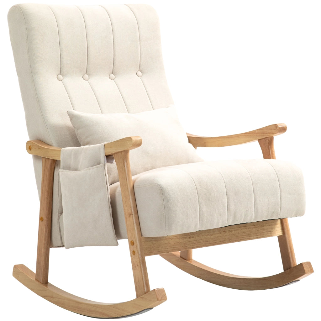Poltrona a dondolo imbottita beige con cuscino lombare e tasche laterali, telaio in legno di faggio