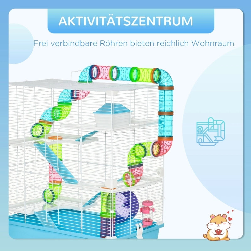 Gabbia per piccoli animali a 5 livelli con rampa ruota ciotola e borraccia in plastica azzurro 59 × 36 × 69 cm
