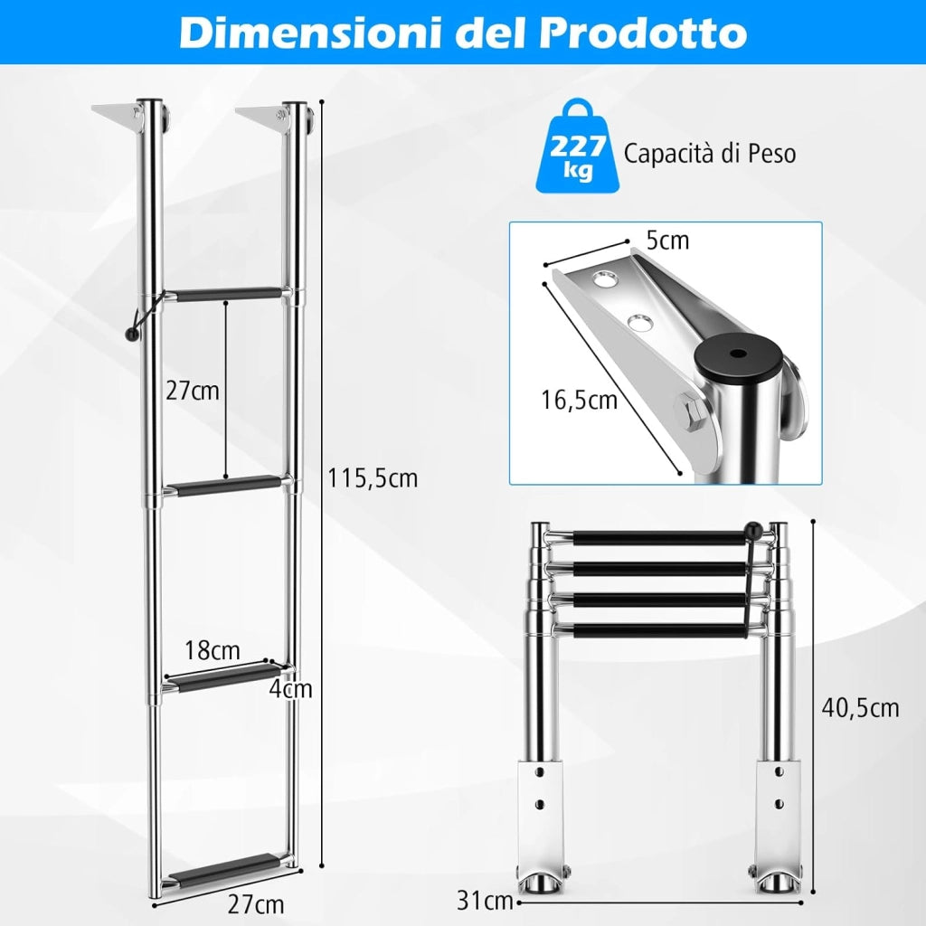 Scala Telescopica per Barca a 4 Gradini, Scala Pieghevole Estendibile con Gradini Antiscivolo, Scala in Acciaio Inox Resistente per Piscina, Carico 227 kg