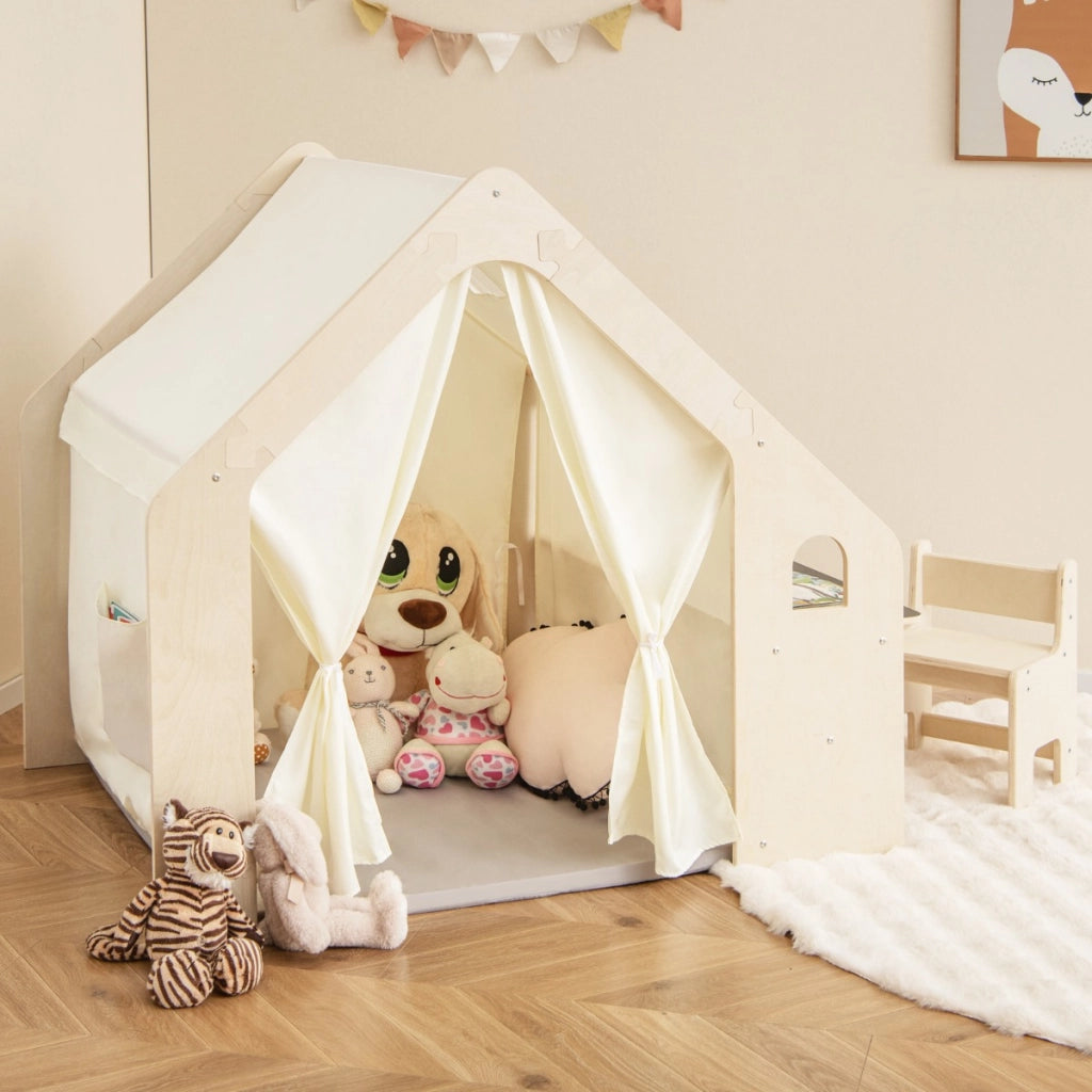 Tenda da gioco per bambini 6-in-1 in legno per interni con lavagna scrivania sedia, Casetta da gioco in legno Beige-Tende e Casette per bambini