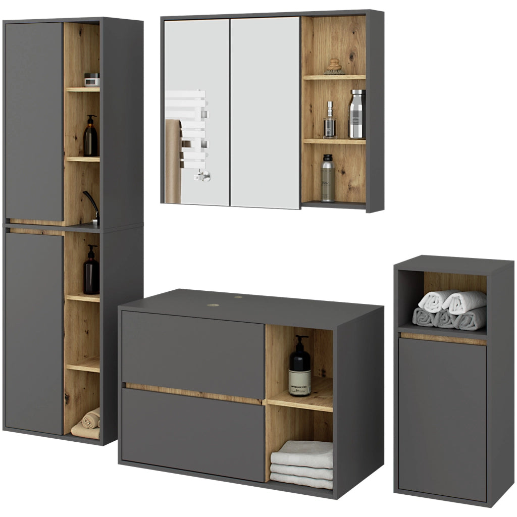 Set di mobili da bagno sospesi VAMI in Grigio Grafite con interno Rovere Artisan con fori per lavabo da appoggio