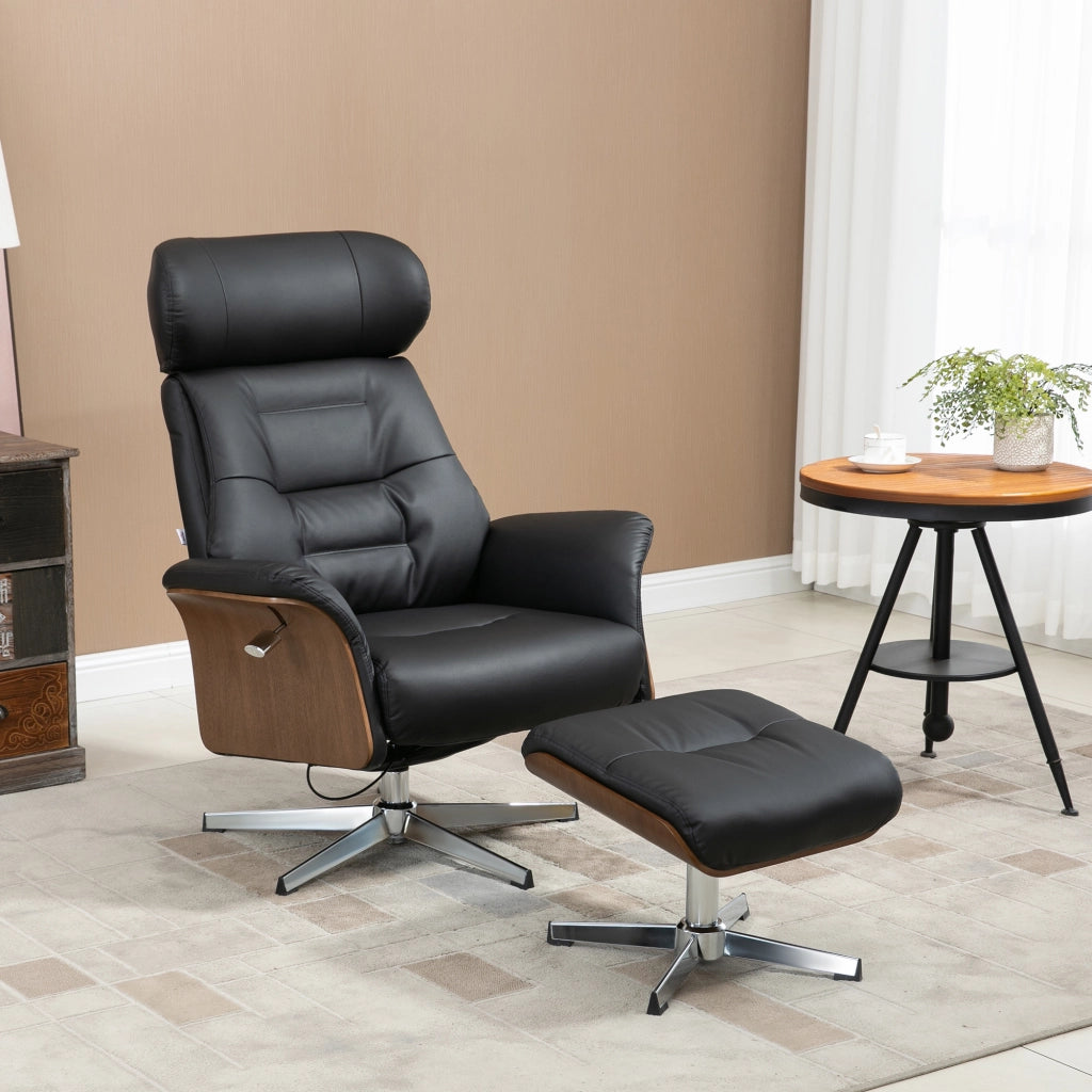 POLTRONA RELAX girevole con pouf in pelle sintetica nera